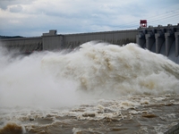 The Fengman Dam reservoir is opening the sluice to release floodwater in Jilin City, Jilin province, China, on July 31, 2024. (