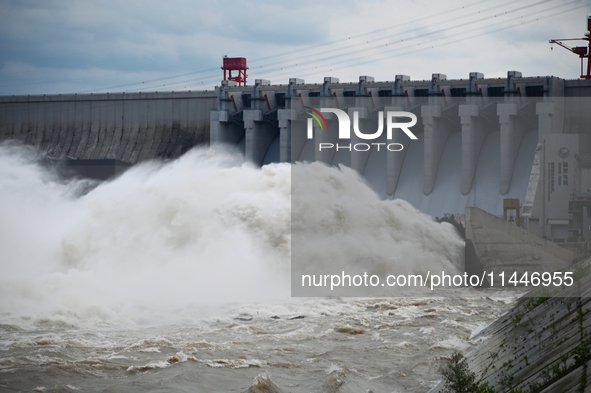 The Fengman Dam reservoir is opening the sluice to release floodwater in Jilin City, Jilin province, China, on July 31, 2024. 