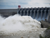 The Fengman Dam reservoir is opening the sluice to release floodwater in Jilin City, Jilin province, China, on July 31, 2024. (