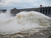 The Fengman Dam reservoir is opening the sluice to release floodwater in Jilin City, Jilin province, China, on July 31, 2024. (