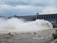 The Fengman Dam reservoir is opening the sluice to release floodwater in Jilin City, Jilin province, China, on July 31, 2024. (