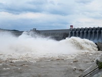 The Fengman Dam reservoir is opening the sluice to release floodwater in Jilin City, Jilin province, China, on July 31, 2024. (