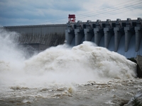 The Fengman Dam reservoir is opening the sluice to release floodwater in Jilin City, Jilin province, China, on July 31, 2024. (