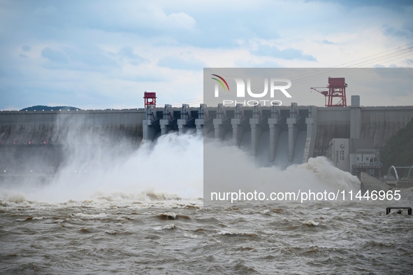 The Fengman Dam reservoir is opening the sluice to release floodwater in Jilin City, Jilin province, China, on July 31, 2024. 