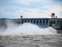 The Fengman Dam reservoir is opening the sluice to release floodwater in Jilin City, Jilin province, China, on July 31, 2024. (