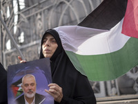 A veiled Iranian woman is sitting next to a Palestinian flag, while she is holding a portrait of Hamas leader Ismail Haniyeh, during a funer...