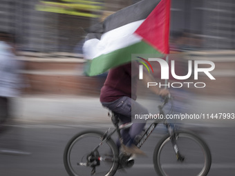 An Iranian man is riding his bicycle along an avenue, while carrying a Palestinian flag, during a funeral ceremony for Hamas leader Ismail H...