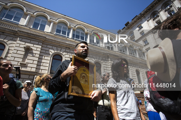 The Patriarch of the Bulgarian Orthodox Church, Daniil, is conducting the holy liturgy and water consecration at the Saint Sofia Church in S...