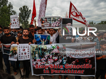 Shia devotees are condemning the killing in Parachinar as they hold Yahya Sinwar's portraits during the 25th Muharram procession in Baramull...