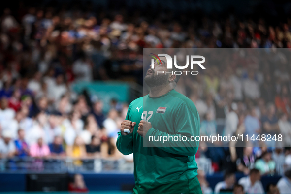 Mohamed ALY GK of the Egypt Team is playing during the men's Handball Preliminary Round - Group B match between France and Egypt in Paris, F...