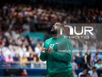 Mohamed ALY GK of the Egypt Team is playing during the men's Handball Preliminary Round - Group B match between France and Egypt in Paris, F...