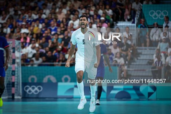 Yahia OMAR of the Egypt Team is celebrating during the men's Handball Preliminary Round - Group B match between France and Egypt in Paris, F...