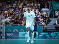 Yahia OMAR of the Egypt Team is celebrating during the men's Handball Preliminary Round - Group B match between France and Egypt in Paris, F...