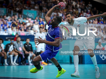 Dylan NAHI of the France team is shooting at the goal against Yahia OMAR of the Egypt team during the men's Handball Preliminary Round - Gro...