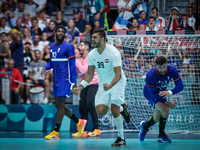 Yehia ELDERAA of the Egypt Team is celebrating during the men's Handball Preliminary Round - Group B match between France and Egypt in Paris...