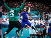 Valentin PORTE of the France team is shooting at the goal against Mohamed ALY, the goalkeeper of the Egypt team, during the men's Handball P...