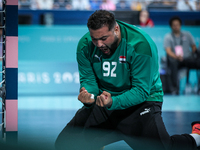 Mohamed ALY, goalkeeper of the Egypt team, is celebrating during the men's Handball Preliminary Round - Group B match between France and Egy...