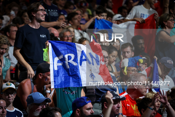 Fans of the France team are cheering during the men's Handball Preliminary Round - Group B match between France and Egypt in Paris, France,...