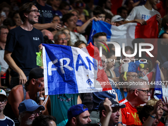 Fans of the France team are cheering during the men's Handball Preliminary Round - Group B match between France and Egypt in Paris, France,...