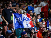 Fans of the France team are cheering during the men's Handball Preliminary Round - Group B match between France and Egypt in Paris, France,...