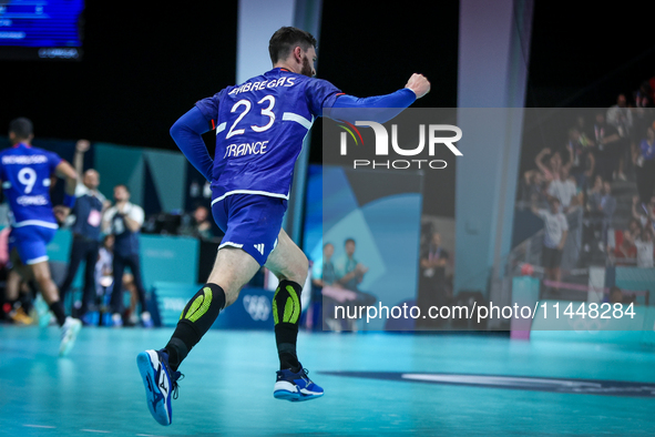 Ludovic Fabregas of the France team is celebrating during the men's Handball Preliminary Round - Group B match between France and Egypt in P...