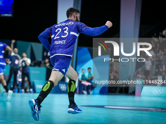 Ludovic Fabregas of the France team is celebrating during the men's Handball Preliminary Round - Group B match between France and Egypt in P...