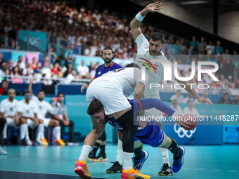 Luka Karabatic of the France team is shooting at the goal against Ibrahim Elmasry of the Egypt team during the men's Handball Preliminary Ro...