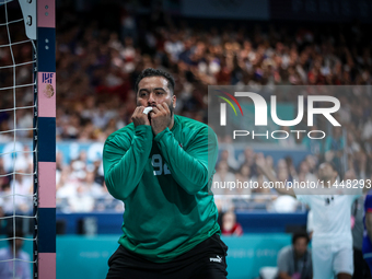 Mohamed ALY GK of the Egypt Team is playing during the men's Handball Preliminary Round - Group B match between France and Egypt in Paris, F...