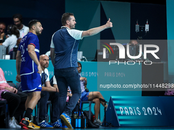 Head Coach GILLE Guillaume of the France Team is coaching during the men's Handball Preliminary Round - Group B match between France and Egy...