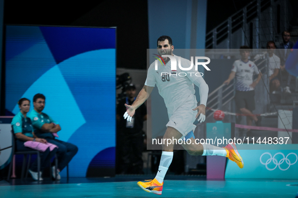 Ahmed ADEL of the Egypt Team is celebrating during the men's Handball Preliminary Round - Group B match between France and Egypt in Paris, F...