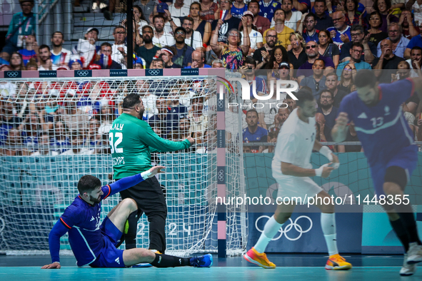 Mohamed ALY, the goalkeeper of the Egypt team, is celebrating during the men's Handball Preliminary Round - Group B match between France and...