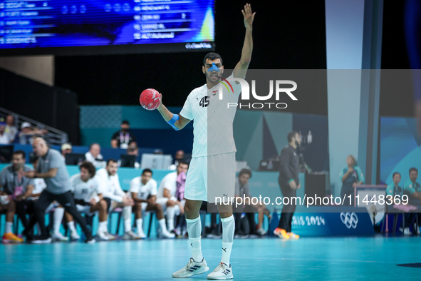 Seif ELDERAA of the Egypt Team is playing during the men's Handball Preliminary Round - Group B match between France and Egypt in Paris, Fra...