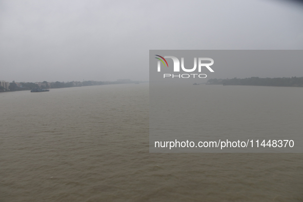 The Ganga River water is overflowing under heavy rain in Kolkata, India, on August 1, 2024. 