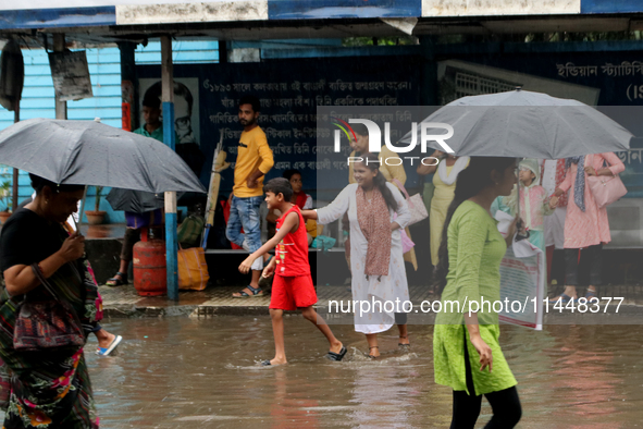 Women are holding umbrellas and crossing a road during monsoon rain in Kolkata, India, on August 1, 2024. 