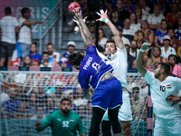 Elohim PRANDI of the France team is shooting at the goal against Ibrahim ELMASRY of the Egypt team during the men's Handball Preliminary Rou...