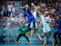 Elohim PRANDI of the France team is shooting at the goal against Ibrahim ELMASRY and Abdelrahman ABDOU of the Egypt team during the men's Ha...