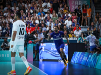 Hugo Descat of the France Team is celebrating during the men's Handball Preliminary Round - Group B match between France and Egypt in Paris,...