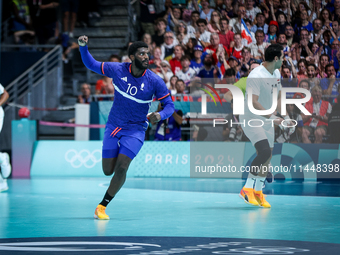 Dika MEM of the France Team is celebrating during the men's Handball Preliminary Round - Group B match between France and Egypt in Paris, Fr...