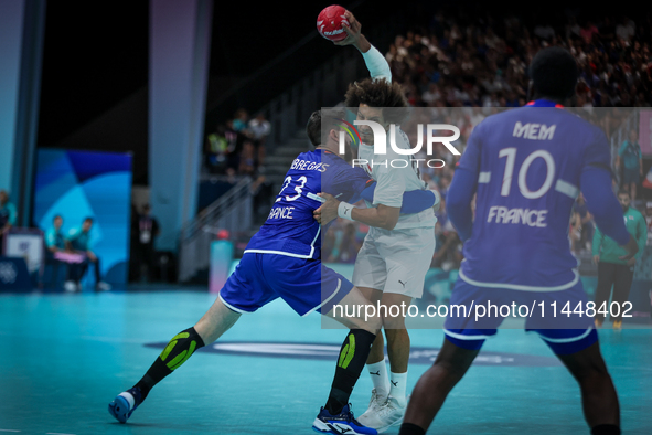 Ali ZEIN of the Egypt team is shooting at the goal against Ludovic FABREGAS of the France team during the men's Handball Preliminary Round -...