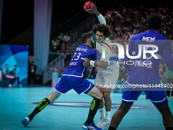 Ali ZEIN of the Egypt team is shooting at the goal against Ludovic FABREGAS of the France team during the men's Handball Preliminary Round -...