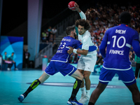 Ali ZEIN of the Egypt team is shooting at the goal against Ludovic FABREGAS of the France team during the men's Handball Preliminary Round -...