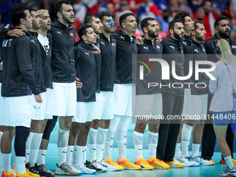 The Egypt team is standing before the Men's Preliminary Round Group B match between France and Egypt in Paris, France, on July 31, 2024, at...