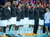 The Egypt team is standing before the Men's Preliminary Round Group B match between France and Egypt in Paris, France, on July 31, 2024, at...