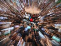 In this picture taken with a zoom burst, Kashmiri Shiite Muslims are reenacting the scene by touching the horse during a religious processio...