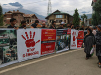 A woman is walking past Kashmiri Shiite Muslims holding banners during a religious procession on the 25th day of the Islamic month of Muharr...