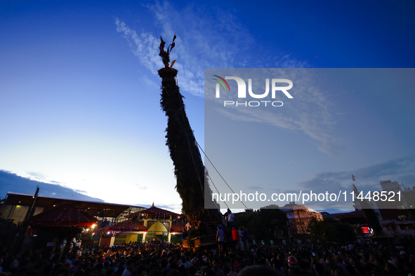 The sky-scraping chariot of the Red God, Rato Macchindranath, is silhouetted against the backdrop of the setting sun after it is installed a...