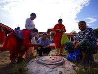 Nepali Hindu devotees are performing a ritual at the spot where the chariot of the Red God, Rato Macchindranath, is being rested after touri...