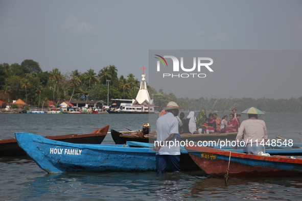 Boats are lining Sambranikodi Island in Kerala, India, on April 06, 2024. Sambranikodi Island is situated at the southern tip of the Ashtamu...