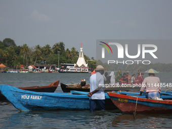 Boats are lining Sambranikodi Island in Kerala, India, on April 06, 2024. Sambranikodi Island is situated at the southern tip of the Ashtamu...