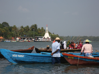 Boats are lining Sambranikodi Island in Kerala, India, on April 06, 2024. Sambranikodi Island is situated at the southern tip of the Ashtamu...